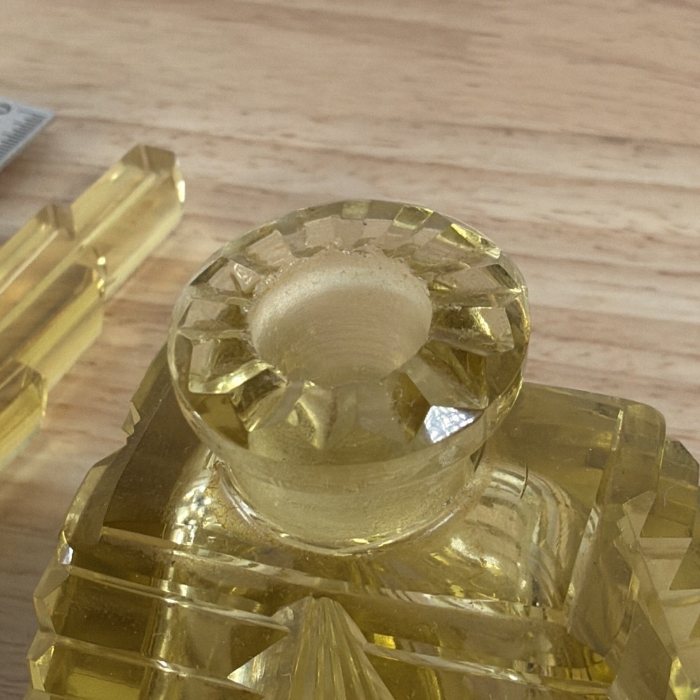 Art Deco Yellow Cut Crystal Glass Etched Perfume Bottle With Stopper Czech - Picture 15 of 15
